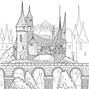 Medieval city with houses, castles and trees.