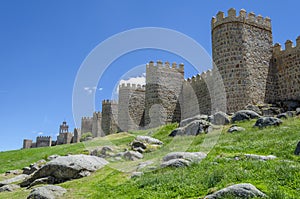 Medieval city wall built in the Romanesque style a sunny day , A