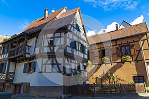 Medieval colorful half-timbered houses on an ancient street of small town Kaysersberg. France