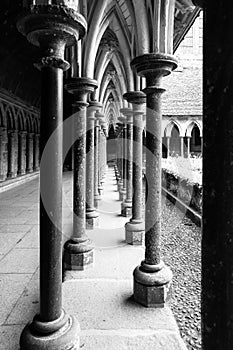 Medieval column cloister in Abbey of Mont-Saint-Michel, Normandy, France