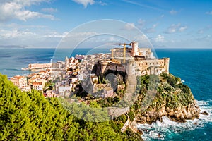 Medieval core of town of Gaeta, Italy, on a rock above the mediterranean sea photo