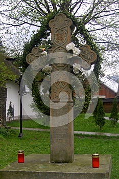 Medieval cross with arhaic symbols in Humor Monastery, Moldavia, Romania