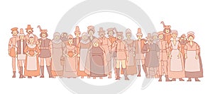 Medieval crowd people. A collection of cute funny male and female characters for a fairy tale background. Muted color