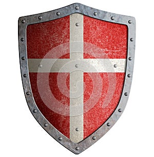 Medieval crusader`s metal shield with white cross isolated 3d illustration