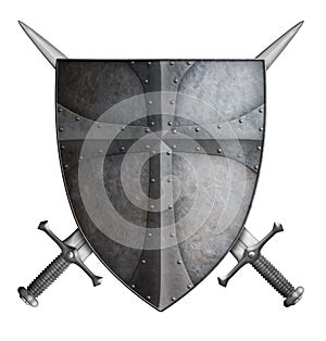 Medieval crusader shield and two crossed swords isolated 3d illustration