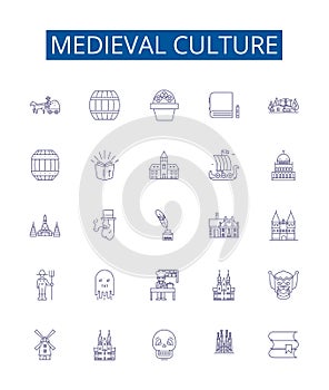 Medieval culture line icons signs set. Design collection of Knights, Chivalry, Feudalism, Monarchy, Heraldry, Castles