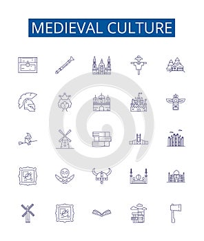 Medieval culture line icons signs set. Design collection of Knights, Chivalry, Feudalism, Monarchy, Heraldry, Castles