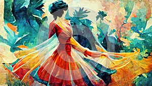 medieval dance dress scene, colorful woman dancing, ai generated image