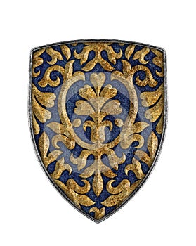 Medieval decorated shield isolated on white