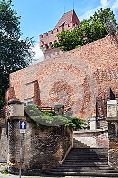 Medieval defensive wall and stone stairs at the royal castle