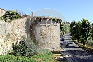 Medieval defensive walls and towers of the town of San Gimignano, Tuscany, Italy