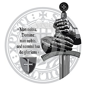 Medieval design. Crusaders knights gloves, sword, Templars seal and the prayer of the Crusader photo