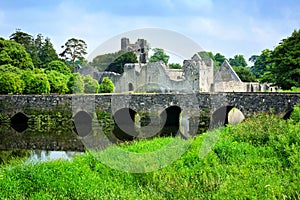 Medieval Desmond Castle, Ireland with stone bridge, Adare, County Limerick