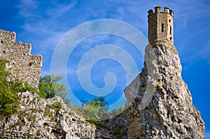 Středověký hrad Děvín na skále, slunečný den, modrá obloha