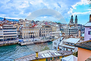 Medieval district of Zurich and bell towers of Grossmunster, Switzerland