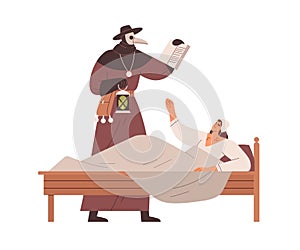 Medieval doctor in old plague costume healing ill woman. Sick dying person in bed in Middle ages. Ancient illness