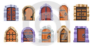 Medieval doors. Isolated cartoon wooden castle gates or dungeon entrance. Wood door with stone arch and metal elements