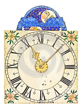 Medieval enamel clock face with moon rotation