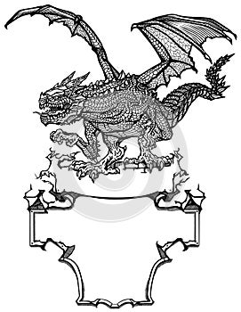 Medieval European dragon. Black and white template