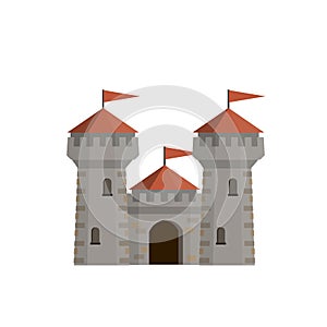 Medieval European stone castle. Knight`s fortress. Concept of security