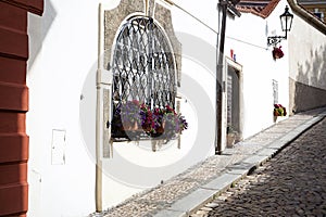 The medieval European street beautiful floral decoration
