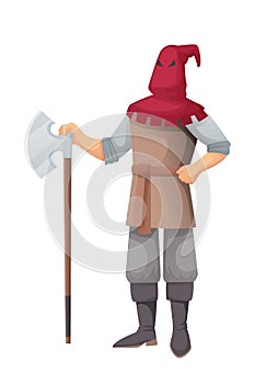 Medieval executioner with axe character. Hangman standing with weapon in Middle Ages period vector illustration. Man in