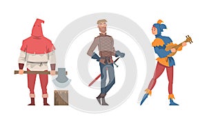 Medieval Executor or Headman with Sharp Axe and Jester Playing Lute Vector Illustration Set photo