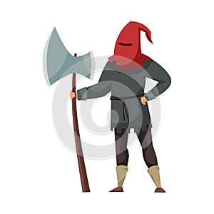 Medieval Executor or Headman Wearing Red Hat and Carrying Sharp Axe Vector Illustration