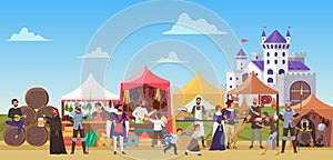 Medieval fair vector illustration, cartoon flat middle ages or fairy tale fair market with lady and sir characters