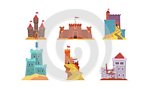 Medieval Fairytale Castles Collection, Ancient Stone Fortified Fortresses and Palaces Vector Illustration