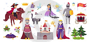 Medieval fairytale characters. Cartoon enchantress with castle. Prince and princess. Knights legend battle. King and witch.
