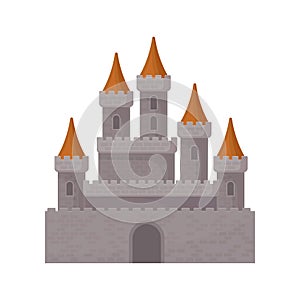 Medieval fantasy castle. Great royal fortress with high towers and red conical roofs. Flat vector element for mobile