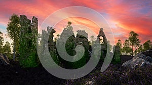 Medieval fantasy castle ruin overgrown with purple heather in the highlands at sunset. 3D illustration
