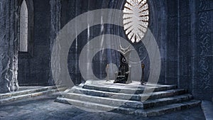 Medieval fantasy castle throne room with grey stone walls and oval window. 3D rendering