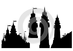 Medieval fantasy castle and tower detailed black and white vector silhouette set