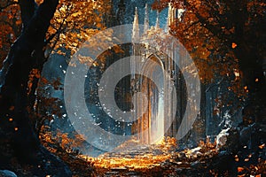 Medieval Fantasy Forest Scene with Dramatic Lighting for Fall Season Generative AI