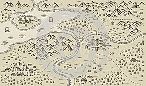 Medieval fantasy map. Mountain river and village buildings. Middle Ages map for board game. Hand drawn vector.