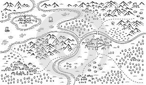 Medieval fantasy map. Mountain river and village. Middle Ages map. Hand drawn vector.