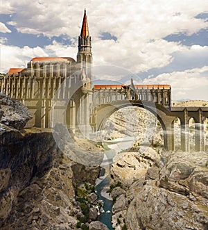 Medieval fantasy world, cathedral and bridge over a cliff. Valley with river. Gothic fortress. Castle. Aerial view