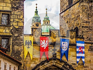 Medieval flags of Old Town bridge tower, Charles Bridge, Prague, Czech Republic
