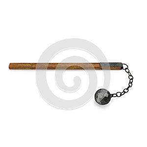 Medieval Flail with Ball and Chain on white. Side view. 3D illustration