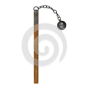 Medieval Flail with Ball and Chain on white. Top view. 3D illustration