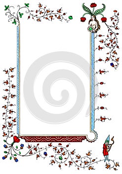 Medieval floral book page frame isolated at white background watercolor artistic hand drawing 05