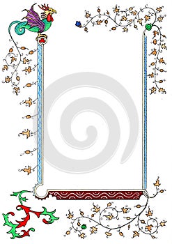 Medieval floral book page frame isolated at white background watercolor artistic hand drawing 07