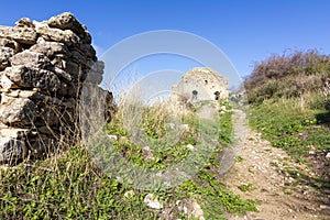 Medieval fortress Acrocorinth on a sunny day, Peloponnese, Greece