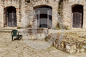 Medieval fortress background. Old stone architecture. Background with copy space