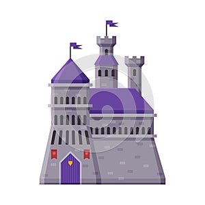 Medieval Fortress, Fairytale Castle with Towers, Ancient Fortified Palace Exterior Vector Illustration