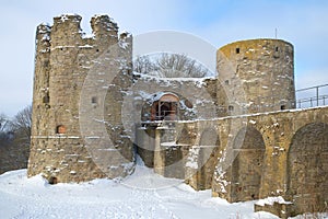 Medieval fortress Koporye closeup, cloudy February day. Leningrad region, Russia