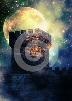 Medieval fortress over starry sky