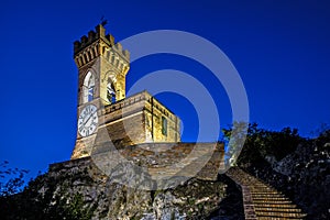 Medieval fortress tower and stair at night, Brisighella, Ravenna Italy